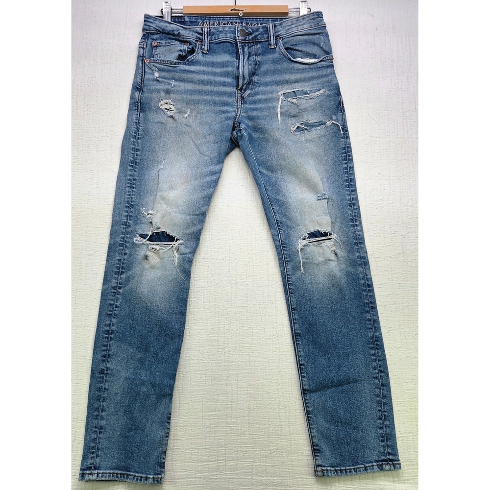 American Eagle Airflex+ Skinny Distressed Jeans Mens 32x30 Blue Ripped Denim